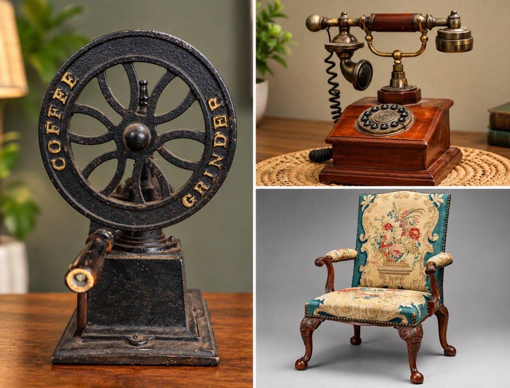 Antique Rotary Telephone & Tapestry Chair